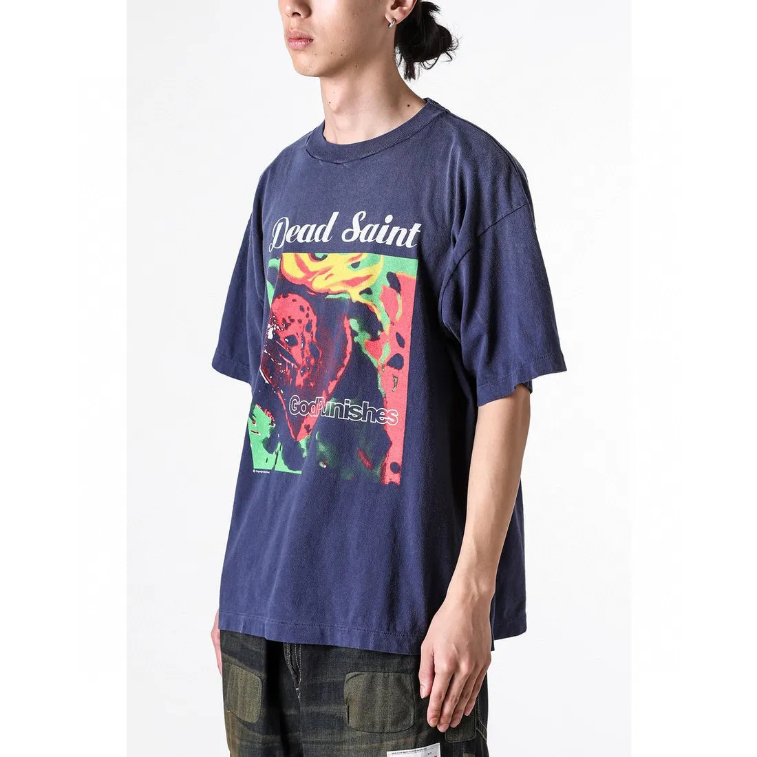 SAINT Mxxxxxx DEAD SAINT SS TEE/NAVY DEAD SAINT printed short sleeves God's Punishment TEE Washed blue S-XL Genuine consistent tube weaving without side seams High weight OE yarn fabric Assute dyeing Multiple horse fades Heavy wash water Worn holes Original consistent main mark/wash mark/little angel anti-counterfeiting mark